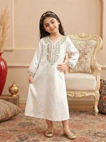 1 pieza Vestido maxi de satén con estampado floral en relieve de manga larga y cuello en V de corte holgado para niñas, estilo princesa elegante para fiestas de cumpleaños, Oriente Medio, adecuado para el verano - Albaricoque - Ver 3
