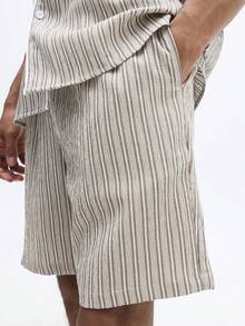 SUMWON Striped Button Front Pajama Set Short Sleeve Shirt With Matching Shorts Sleep Set Classic Relaxed Fit Sleepwear Summer Comfort 2 Pcs Nightwear - Khaki - View 2