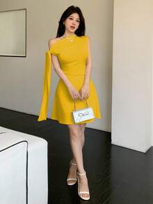 Celisse Women's Asymmetric Tie-Up Waist Short Dress - Yellow - View 6