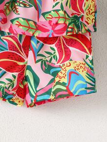 SHEIN Playful Pals 2件套婴儿/男女通用0-3岁休闲热带印花吊带背心和短裤套装，女婴夏季服装，女婴套装，婴儿休闲套装，适合户外、休闲、度假，3T女婴热带度假服装夏季两件套，女婴夏威夷服装，热带婴儿套装，女童夏季套装，度假服装，热带女童夏季假日服装 - 彩色 - 查看 6