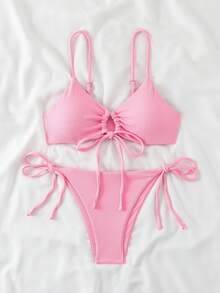 Swim Basics Women's Solid Color Spaghetti Strap Wireless Top And Side Tie Bikini Bottom Set, Summer Vacation - Pink - View 3