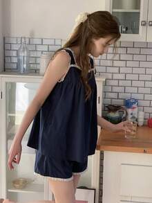 DAZY 少女极简无袖春季家居服 - 藏蓝色 - 查看 3