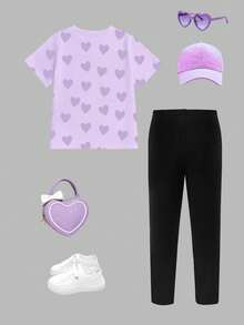 Playful Pals 两件套女婴休闲时尚百搭春夏套装，采用卡通人物印花紫色爱心图案，宽松圆领紫色爱心短袖T恤搭配黑色打底裤，时尚休闲，适合幼儿女童穿着，可户外活动、街头漫步、上学、参加派对等场合，亦可作为礼物。 - 彩色 - 查看 2