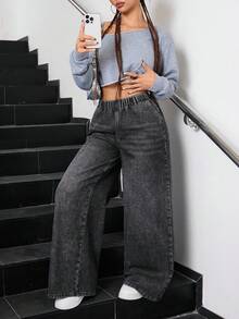 SHEIN Teen GirlLoose Straight Leg Blue Jeans - Dark Grey - View 4