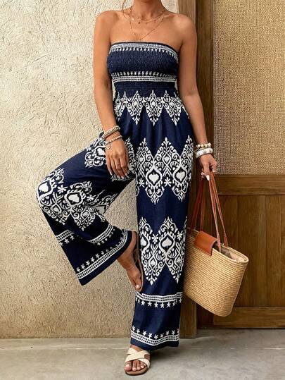 Weeklong Plus Size Women's Strapless Belted Waist Floral Print Casual Jumpsuit, Spring/Summer