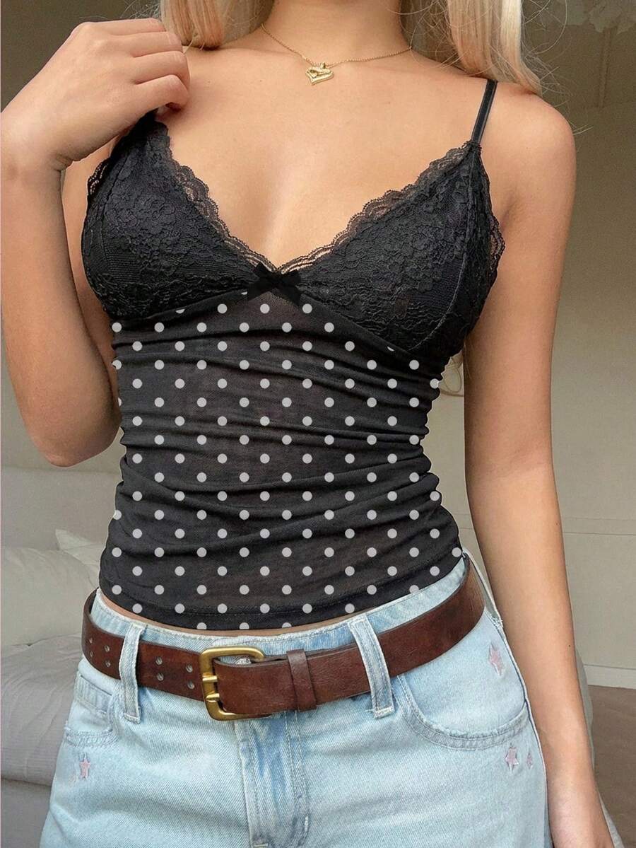 SHEIN ICON 女士休闲紧身吊带背心，可爱波点上衣，女士夏季蕾丝吊带背心，适合Y2K、春季、夏季，女士外出上衣，女士度假装 - 彩色 - 查看 1
