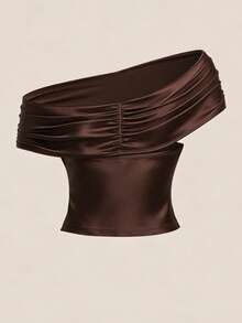 Modelyn Khaki Off-Shoulder, Asymmetrical Shoulder And Halter Versatile Fitted Elegant Sexy Tank Top, Suitable For Spring And Summer Brown Swimsuit Top Brown Bathing Suit Women Brown Tops Brown Two Piece Set Women Dark Brown Top - Apricot - View 9