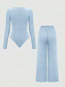 Franclia Bộ 2 món: Áo và quần màu trơn, vạt áo bất đối xứng. - Màu xanh lam - Xem 2