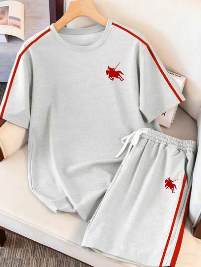 Manfinity Joysei 男士侧条纹印花圆领短袖T恤和短裤休闲套装