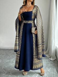 Elenzga Plus Size Navy Blue,Winter Elegant Wedding Al-Adha Woven Dress,Square Neck Folk Cloak Sleeve Flared Hem Najma Turkish Abaya Dubai Modest Women - Navy Blue - View 3