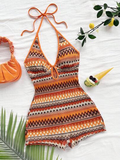 Soleia Plus Size New Multicolor Knit Striped Halter Backless Mini Jumpsuit, Suitable For Autumn/Winter, Halloween, New Year, Carnival, Party, Date, Afternoon Tea, Beach, Layering Or Outerwear