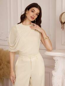 Modelyn Women's Elegant Pleated Drape Slim Fit Design Casual Commuter T-Shirt - Apricot - View 6