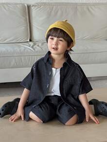 DAZY Young Boy Summer Casual Fashion Street Daily Commute Flap Pocket Shirt And Loose Denim Shorts Set - Black - View 5