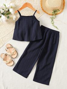 2pcs Young Girl Navy Blue Camisole Top And Loose Casual Pants Set, Suitable For Daily Outings, School, Beach Vacation, Beachwear, Spring/Summer - Royal Blue - View 2