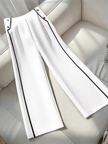 GlowEve High Waist Wide Leg Pants With Black Side Stripe And Metal Buckle, French Minimalist Style, Draping Effect, Slimming, Ankle Length For Commuting - White - View 1