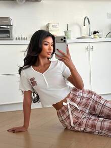 SHEIN Cartoon Bear Ruffle Trim Short Sleeve Top & Plaid Pants Women Pajama Set - Brown - View 3
