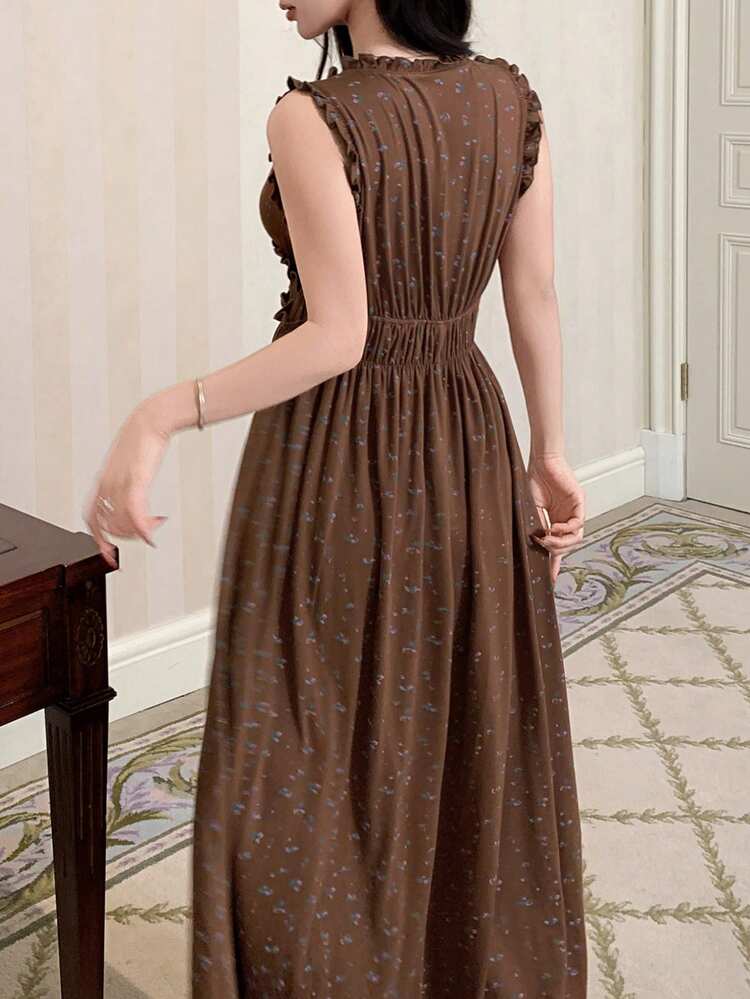 Ditsy Floral V-Neck Sleeveless Ruffle Hem Long Nightgown For Women