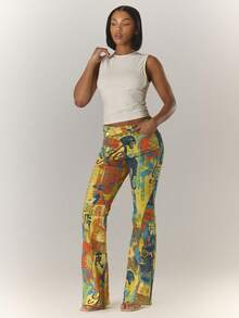 MUSERA Fitted Asymmetric Waist Low Rise Print Flare Jeans Cool Girl, , Going Out, Sexy, Crimson Winter Chic - Orange - View 3