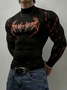 GymBeat Men's Gothic Style Printed Stand Collar Long Sleeve Sports T-Shirt - Black - View 4