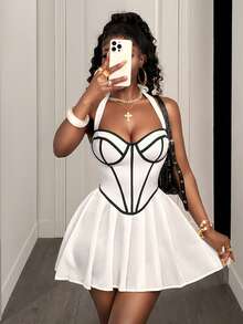 Summer Sexy Contrast Trim Ruched Hem Backless Halter Dress - White - View 7