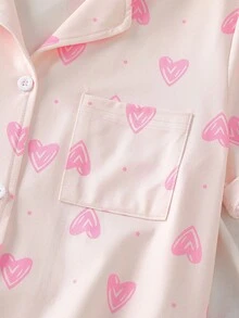 Girls Butterfly Decor Collar Cardigan Short Sleeve Top & Pants 2 Pieces Casual Pajama Set Heart Print Pajamas - Pink - View 5