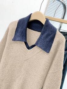 GlowEve CURVE 新款时尚百搭加大码撞色领套头毛衣 - 杏色 - 查看 3