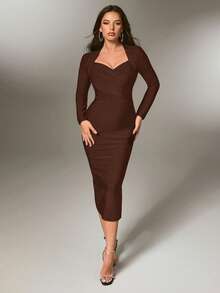 Nuvra Women's Romantic Vacation Curve-Flattering Long Sleeve Bodycon Slit Waist Fitted Bandage Knit Dress - Brown - View 5