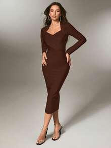 Nuvra Women's Romantic Vacation Curve-Flattering Long Sleeve Bodycon Slit Waist Fitted Bandage Knit Dress - Brown - View 9