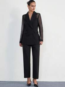 Aveloria Modichic Conjunto de pantalones rectos de traje ligero de mujer de doble botonadura con sensación transparente de tela de parche de organza - Negro - Ver 3