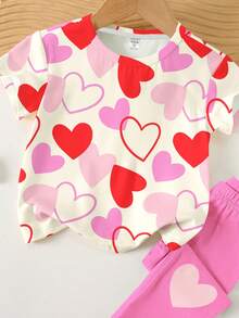 SHEIN 奶油白和亮粉色，可爱爱心图案印花，充满节日气息，适合年轻女孩的休闲舒适柔软圆领短袖T恤和打底裤套装，适合日常穿着、度假、情人节、春夏穿搭。 - 彩色 - 查看 5