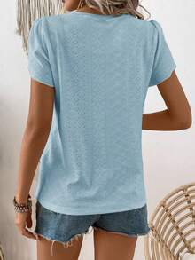 SHEIN LUNE 女士休闲网纱刺绣圆领泡泡袖T恤 - 藍色 - 查看 2