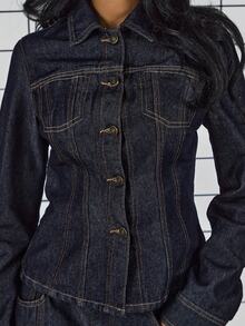 COUREZ Fitted Denim Jacket With Contrasting Seaming Detail /Y2K Spring Clothes For Women - Dark Wash - View 7