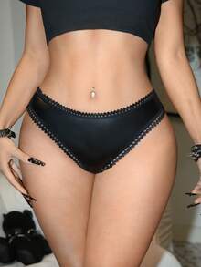 Women's Solid Color Leather Thong Panties, Fashionable For Party - Black - View 4