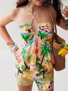 Soleia Women's Beige Summer Boho Vacation Holiday Tropical Print 2 Pieces Set,Drawstring Criss-Cross Strap Halter Top And Mini Shorts Beach Date Outfit - Multicolor - View 8