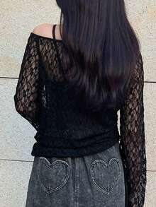 FRIFUL Women's Solid Black Sheer Lace Fabric Layered Slim Fit Versatile Blouse - Black - View 2