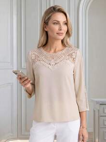 Miaspire Custom Floral Collar Insert Women's Casual Vacation Shirt, Spring/Summer Mothers Day Outfit Gift For Mom,Summer Outfits - Khaki - View 6