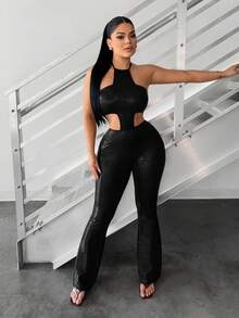 SHEIN SXY Sexy Burgundy Hollow-Out Bodycon Jumpsuit - Black - View 3