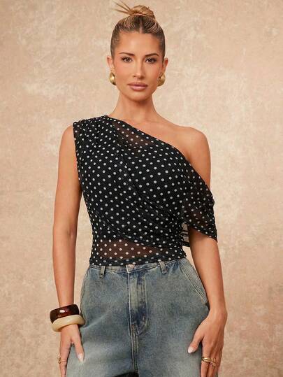 Lumalex Blusa ajustada de estilo vintage elegante con estampado de lunares y malla asimétrica plisada, para vacaciones y citas en verano