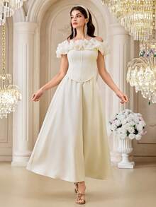 Modelyn Women's Elegant Off Shoulder Ruffle Trim Fitted Top And Skirt 2-Piece Set, Party/Banquet - Apricot - View 4