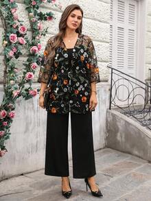 EMERY ROSE Veste décontracté polyvalente en mousseline de soie avec broderie florale, grande taille - Multicolore - Voir 3