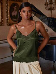 Athîral Women's Satin Lace Patchwork Fashionable Versatile Date Night Camisole Top - Dark Green - View 5