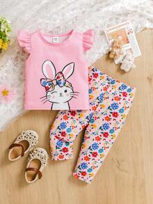 SHEIN 两件套女婴可爱休闲卡通兔子荷叶袖上衣和碎花裤夏季套装，女童服装套装，女婴休闲裤套装，女婴卡通服装 - 粉色 - 查看 1