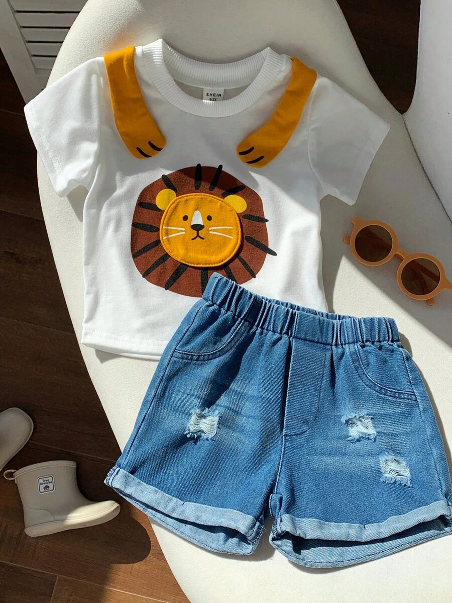 SHEIN 2pcs/Set Baby Boy/Unisex Casual Cute Lion Graphic White T-Shirt And Blue Denim Shorts Set, Summer - Multicolor - View 1