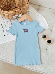 SHEIN 女婴可爱针织休闲弹力荷叶边刺绣图案短袖连衣裙 - 藍色 - 查看 5