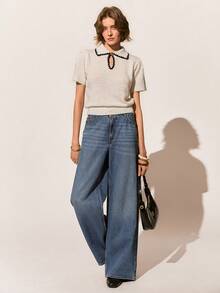 Poéselle New Spring/Autumn Korean Style Commuting Chic Butterfly Metal Buckle Women Knit Top - Black and White - View 5