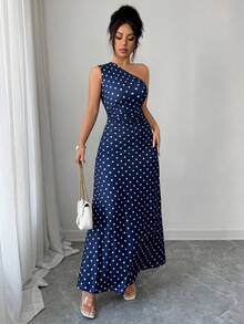 Elenzga 女士优雅修身褶皱波点印花不对称单肩长款连衣裙，适合派对、约会、通勤、商务、毕业典礼、返校、感恩节、日常穿着，夏季长款连衣裙，女士长款不对称单肩连衣裙，女士夏季连衣裙，度假连衣裙 - 藏蓝色 - 查看 5
