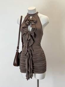 SHEIN Jeanoir Y2K Sexy Deep V-Neck Ruffle Design Stretchy Bodycon Mini Dress - Khaki - View 3