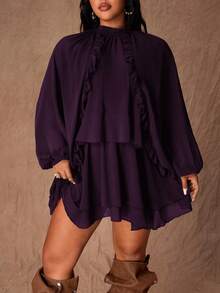 Rustia Plus Size Slim Fit Ruffle Hem Layered Short Dress, Long Sleeve, Round Neck, Brown - Purple - View 6