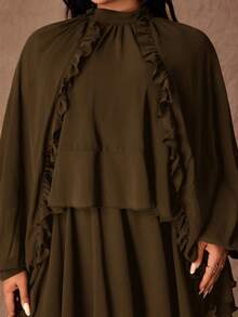 Rustia 大码棕色长袖荷叶边腰身修身多层荷叶边下摆短连衣裙，修身显瘦 - 棕色 - 查看 5