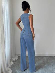 Elenzga Women's Casual Commuter Denim Vest And Pants Set Spring  Summer  Elegant - Light Wash - View 2